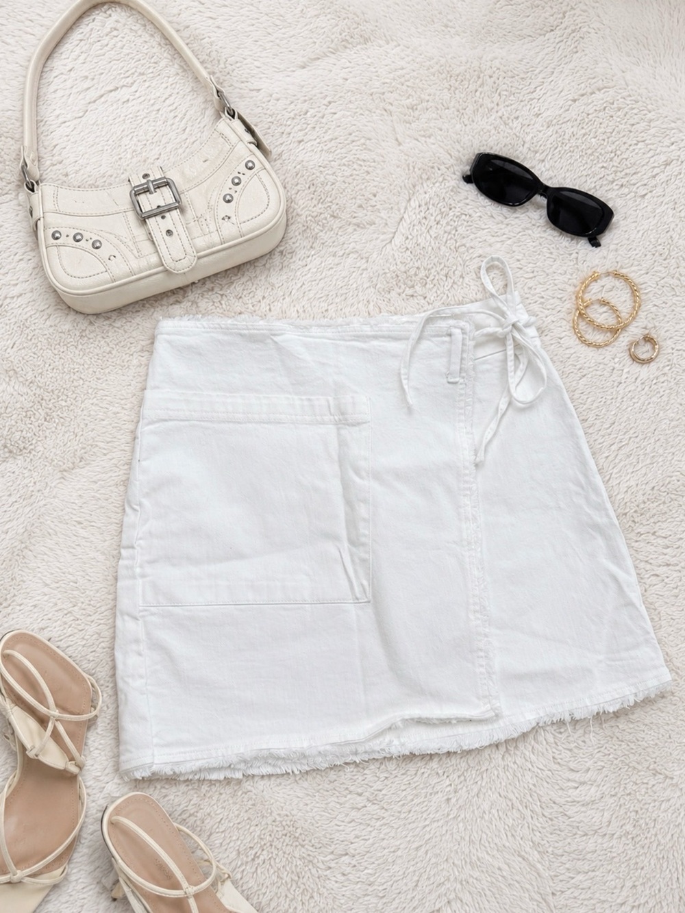 White Wrap-Style Denim Mini Skirt